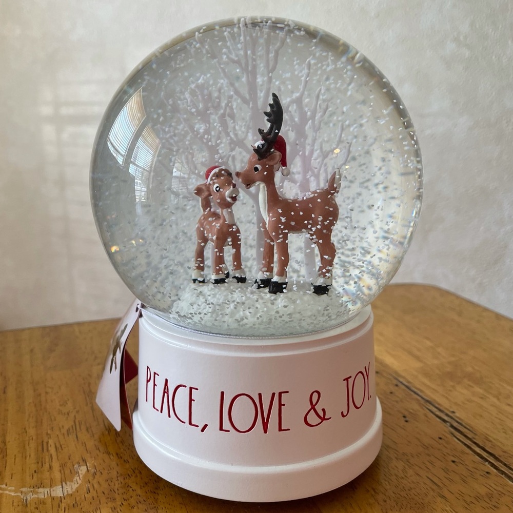 Rae Dunn PEACE, LOVE & JOY Musical Reindeer Snow Globe BRAND NEW!!